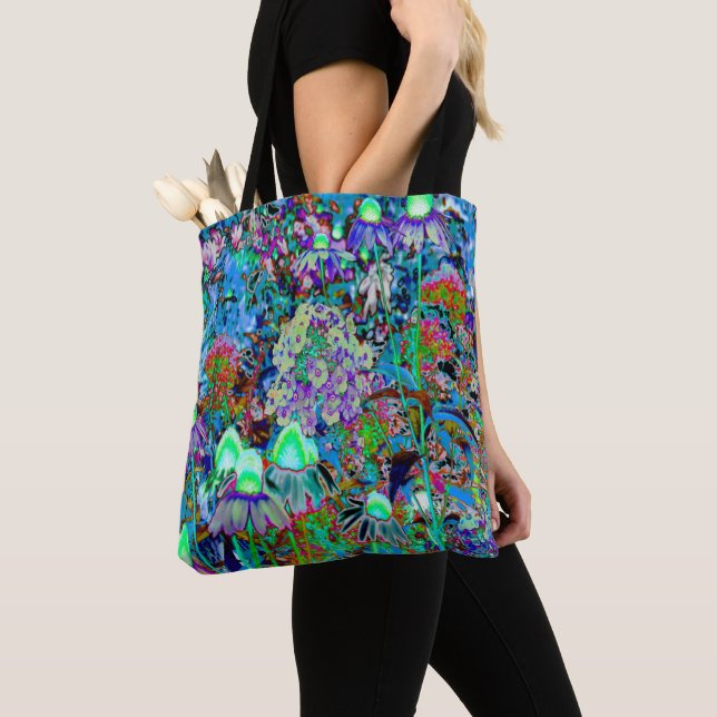 Tote Bag Purple psychédélique et fleurs de jardin vert citr (De près)