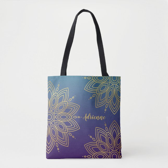Tote Bag Purple Turquoise Gradient Faux Gold Mandala (Devant)