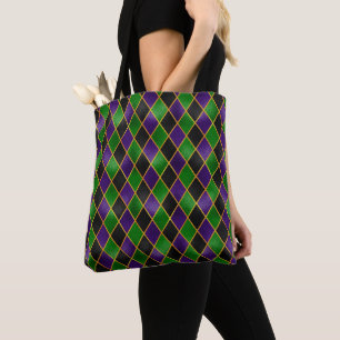 TOTE BAG PURPLE VERT OR NOIR MARDI GRAS DIAMOND MOTIF
