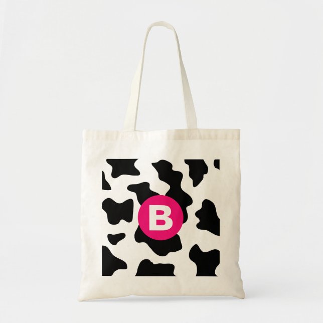 Tote Bag Quirky Cow Patch Pattern Pink Monogram (Devant)