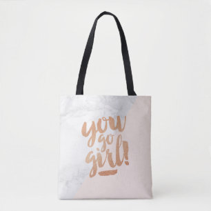 Tote Bag Quote You Go Girl Marble Copper Gold Foil