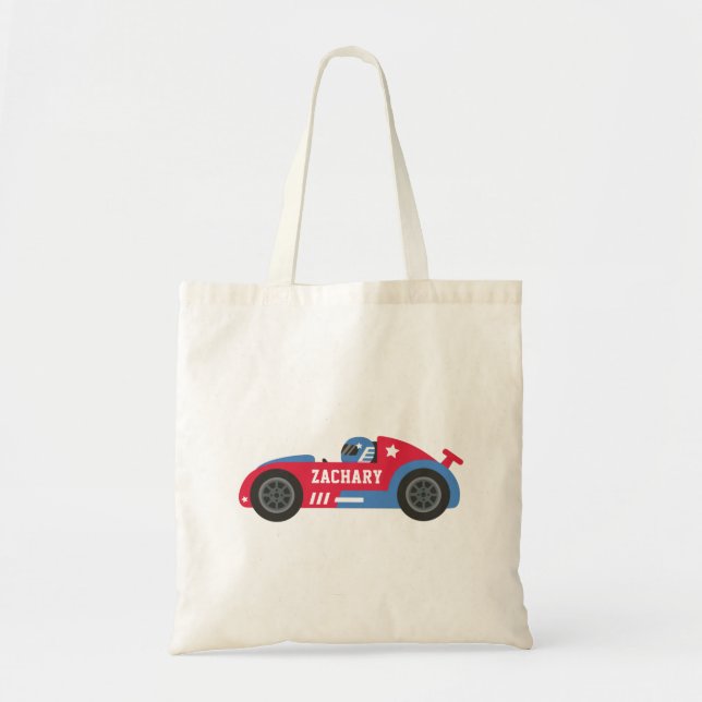 Tote Bag Racer en Rouge Bleu et Blanc Course Voiture Nom (Devant)