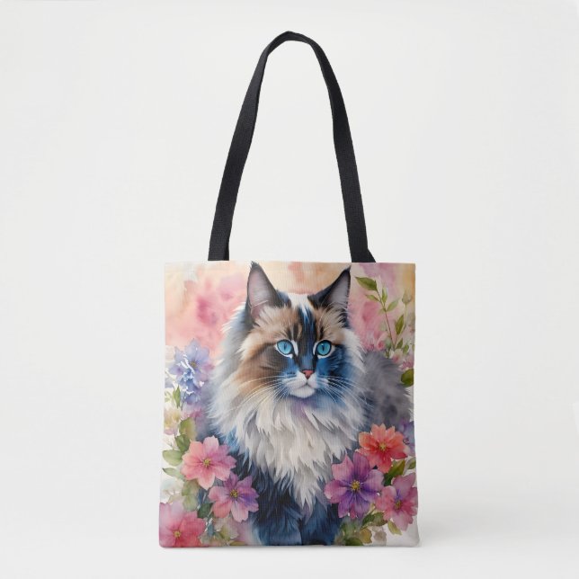 Tote Bag Ragdoll Chat Floral Portrait Art (Devant)