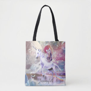 Tote Bag Rainbow galaxy chat équitation licorne dans l'espa