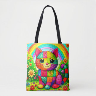 Tote Bag Rainbow Patchwork Cat Art