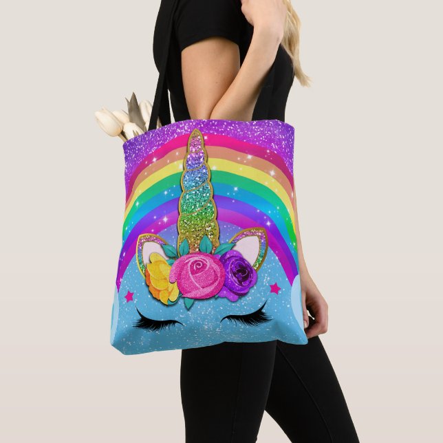 Tote Bag Rainbow Sparkle Glittery Unicorn Horn Face Girls (De près)
