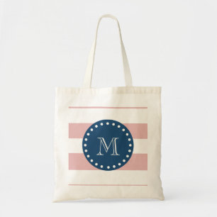 Tote Bag Rayures blanches roses motif, monogramme de bleu