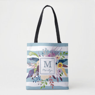 Tote Bag Rayures bleues, monogramme peint par aquarelle