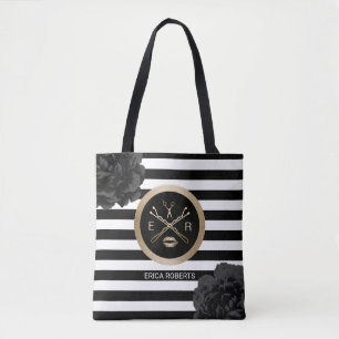 Tote Bag Rayures florales de noir de coiffeur de maquilleur