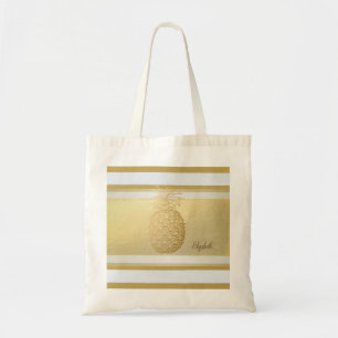 Tote Bag Rayures modernes dorées pour fille, Ananas doré