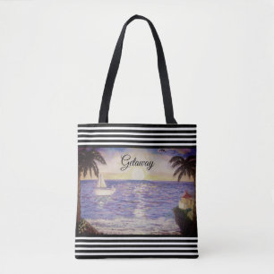 Tote Bag Rayures noires et blanches et paysage de plage océ