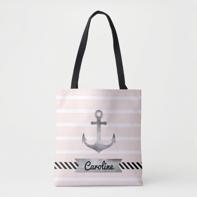 Tote Bag Rayures roses eau personnalisée d'ancre de style a (Devant)