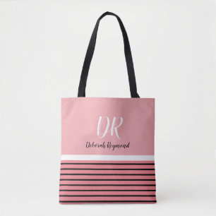 Tote Bag rayures roses et noires avec nom & initiales joli