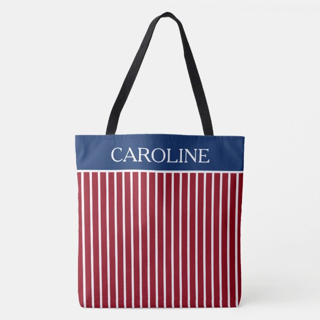 Tote Bag Rayures rouges et blanches avec le bleu marine (Devant)