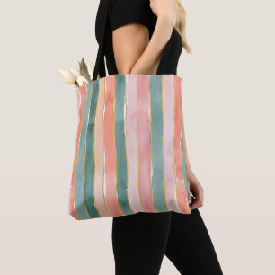 Tote Bag Rayures verticales larges aquarelles sarcelle pêch