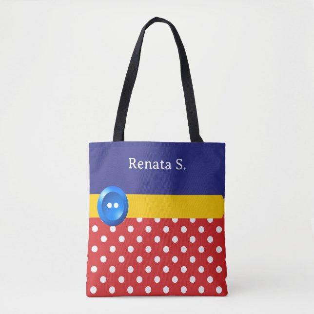 Tote Bag Red and White Polka Dots and Blue Button (Devant)