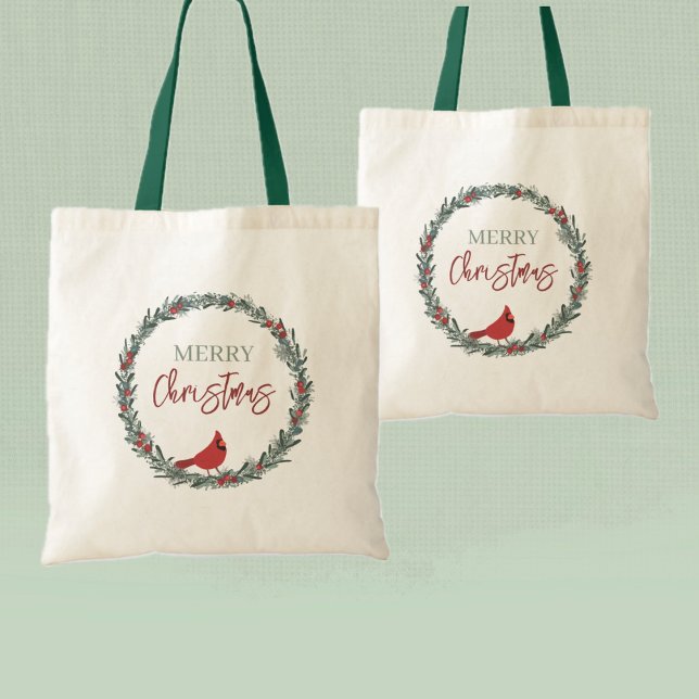 Tote Bag Red Berries Wreath and Red Cardinal Christmas  (Créateur téléchargé)