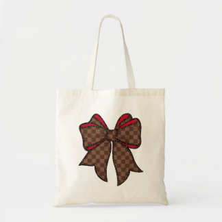 Tote Bag Red + Brown Checkered + Faux Glitter Bow