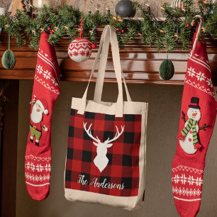 Tote Bag Red Buffalo Plaid & Deer   Nom personnel Cadeau