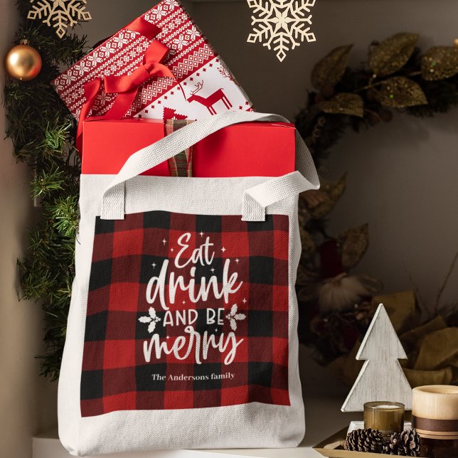 Tote Bag Red Buffalo Plaid “Eat, Drink & Be Merry” (Créateur téléchargé)