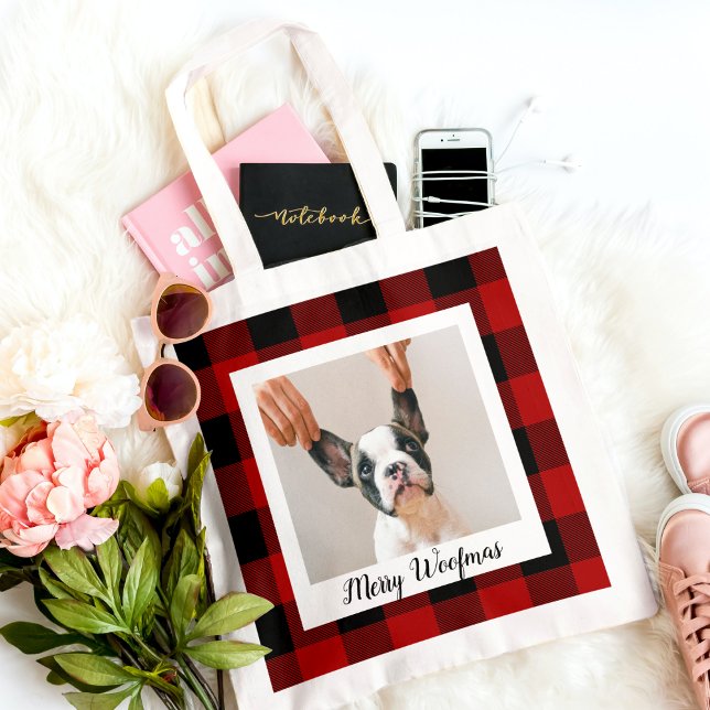 Tote Bag Red Buffalo Plaid & Joyeux Woofmas Avec Photo Chie (Créateur téléchargé)