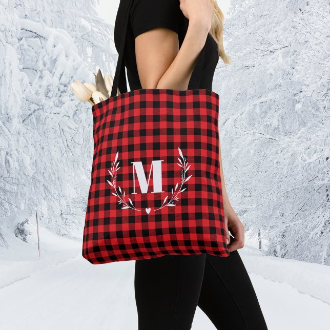 Tote Bag Red Buffalo Plaid Monogram Christmas (Créateur téléchargé)
