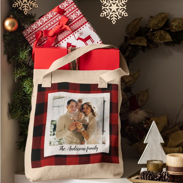 Tote Bag Red Buffalo Plaid & Nom Personnel Et Photo (Créateur téléchargé)