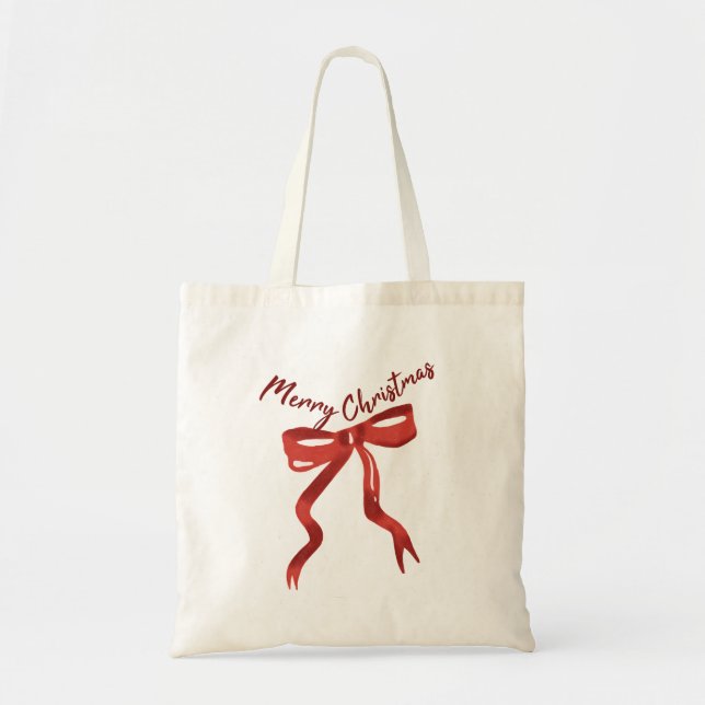 Tote Bag Red Christmas Bow with Merry Christmas Text (Devant)