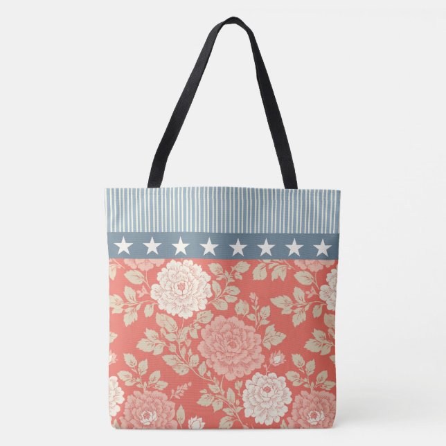 Tote Bag Red Floral Block Print w Blue Stripes and Stars (Devant)