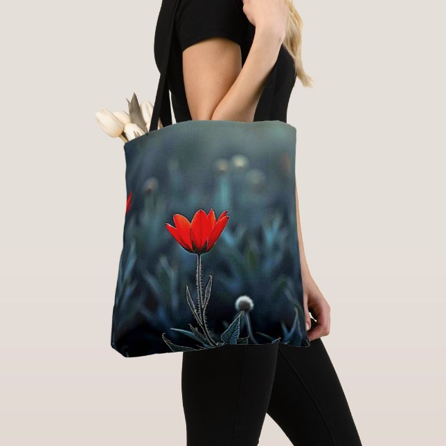 Tote Bag Red Flower Dark Night Solitude Art (De près)
