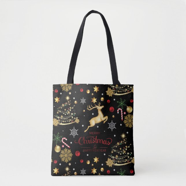 Tote Bag Red Gold Reindeer Joyeux sapin de Noël (Devant)