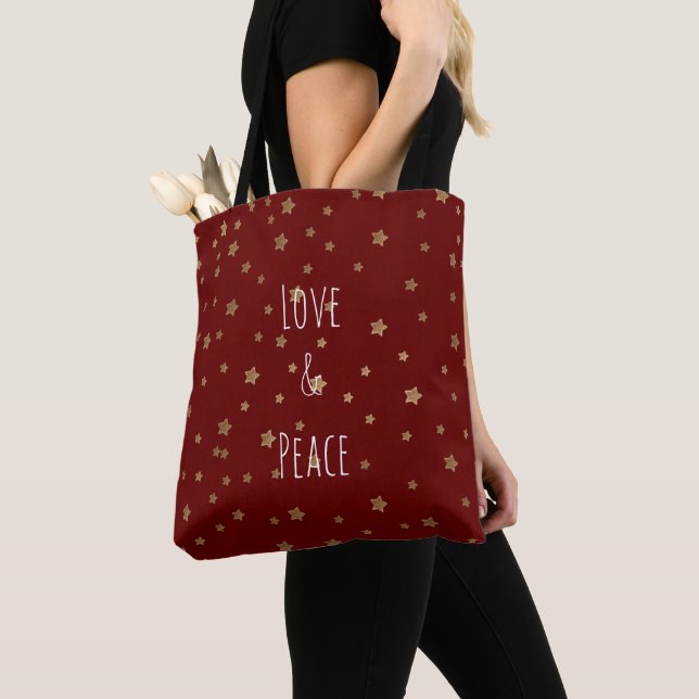 Tote Bag Red Gold Stars Amour et Paix (De près)
