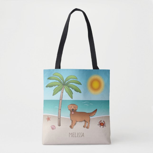 Tote Bag Red Golden Retriever À Une Plage Tropicale D'Été (Devant)