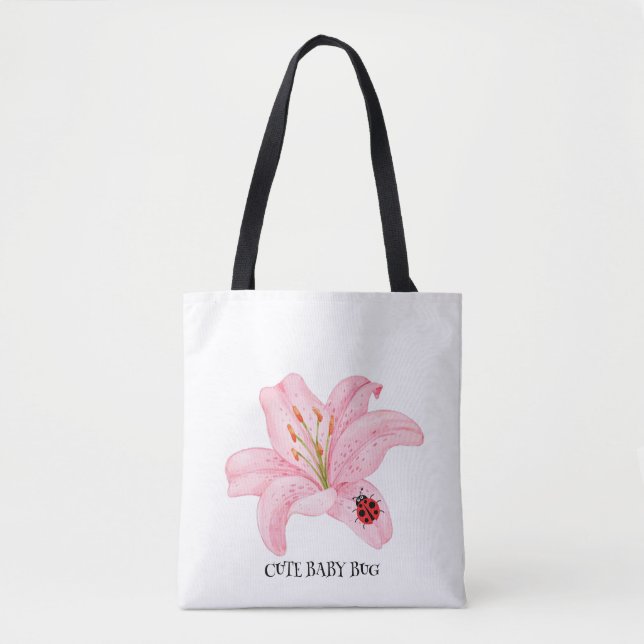 Tote Bag Red Ladybug rose Lily Flower nom personnalisé fill (Devant)