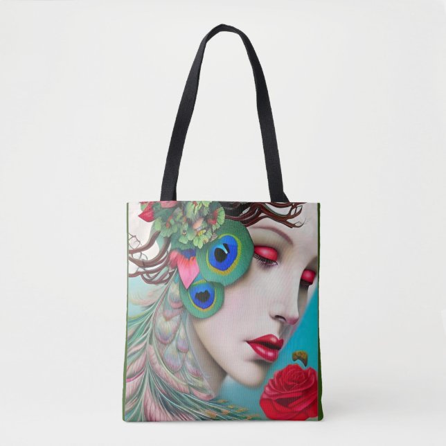Tote Bag Red Lips et Rose Peacock Abstrait (Devant)