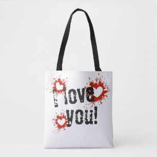 Tote Bag Red Paint Splatter Coeurs, Je T'Aime