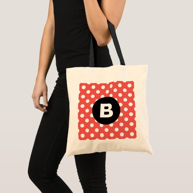 Tote Bag Red Polka Dot Pattern Black Monogram (Devant (produit))