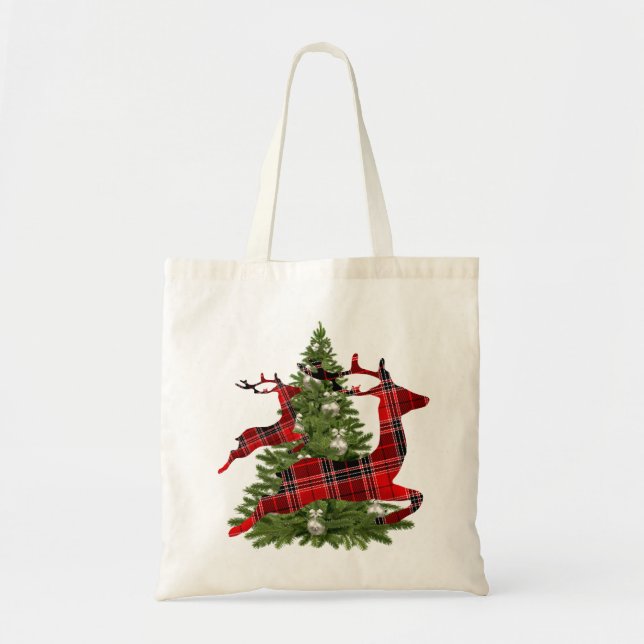Tote Bag Red Reindeer Green Christmas Tree Holidays (Devant)