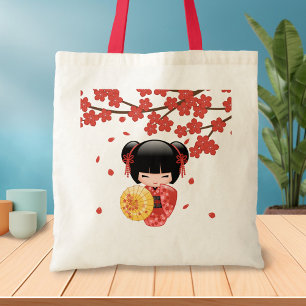 Tote Bag Red Sakura Kokeshi Doll - Japanese Geisha