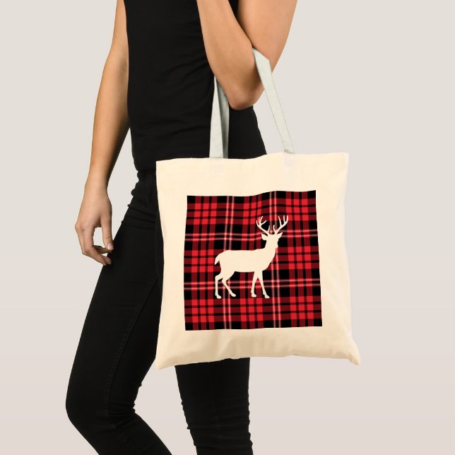Tote Bag Red Tartan Plaid Motif Blanc Noël Cerf Stade (Devant (produit))