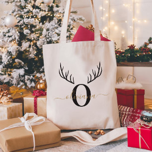Tote Bag Reindeer Antler   Élégant Noël Monogramme