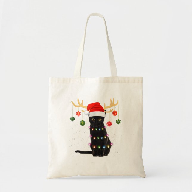 Tote Bag Reindeer Chat noir Santa Hat Noël L (Devant)