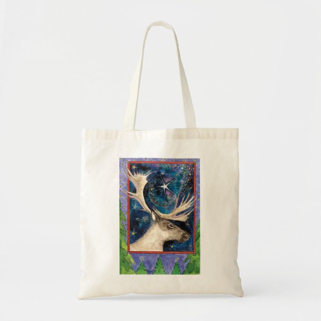 Tote Bag Reinder de Noël à la nuit avec une étoile brillant (Devant)