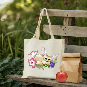 Tote Bag Renard Fennec Fleurs Roses Violettes Mignon Botani