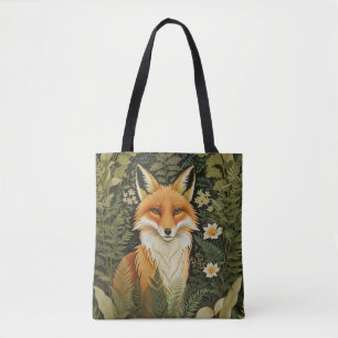 Tote Bag Renard Rouge Élégant et Feuillage Vert