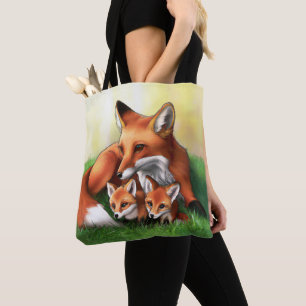 Tote Bag Renard rouge Mère et Kits dans l'herbe