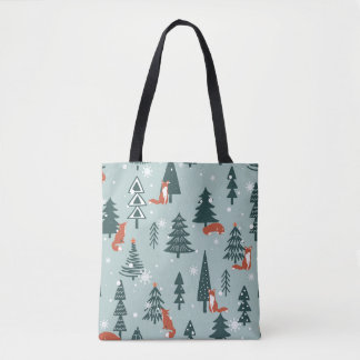 Tote Bag Renards, sapins, hiver, motif coloré
