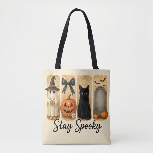 Tote Bag "Restez Éffrayant" Halloween pinceau chat Chat fem (Devant)