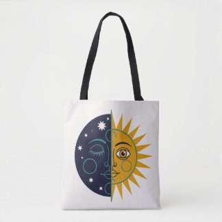 Tote Bag Retro 70s Celestial Sun Moon Split Face Art Print