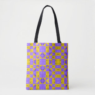 Tote Bag Rétro Boho Violet & Jaune Damier aux Marguerites